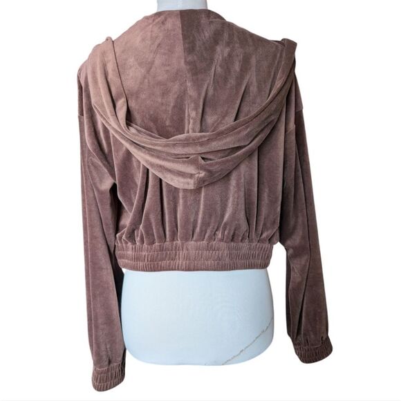 NWT Coffee Brown Velour Velvet Cropped Hoodie M Relaxed Fit - Picture 9 of 16